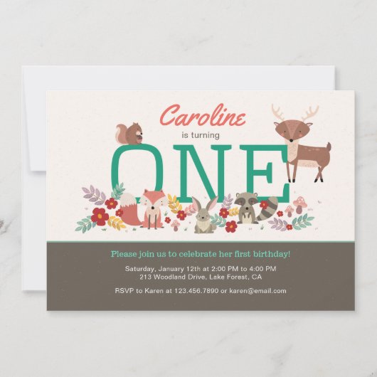 Sweet Woodland Animaux Première Invitation d'anniv (Devant)