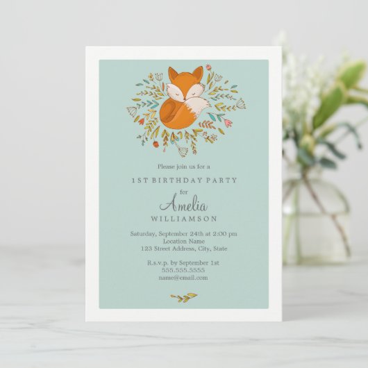 Sweet Woodland Fox eerste verjaardag uitnodiging (Staand voorkant)