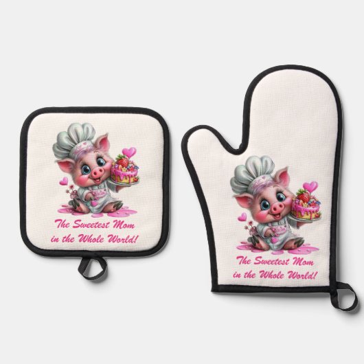 Sweetest Mom Pig Chef Oven Mitts & Pot Holder Set (Voorkant)