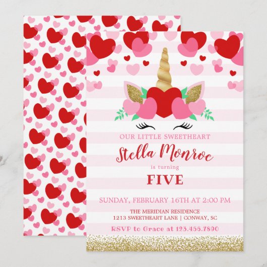 Sweetheart Valentine Unicorn Invitation Anniversai (Devant / Derrière)