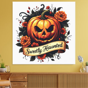 Sweetly Haunted Pumpkin Floral Halloween Canvas Afdruk