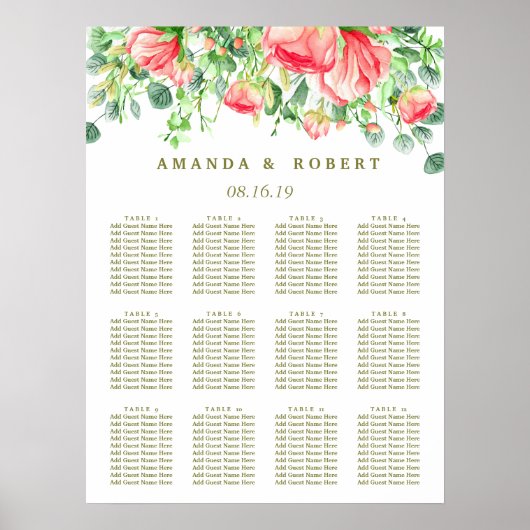 Sweetly Romantic | Floral Wedding Seating Chart Poster (Voorkant)