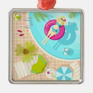 Swimming pool girl in bikini summer beach metalen ornament