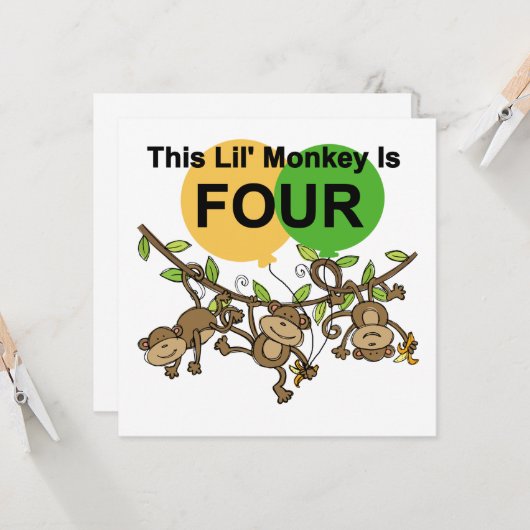 Swinging Monkeys 4e Verjaardag Tshirts en geschenk Kaart (Voorkant / Achterkant in situ)