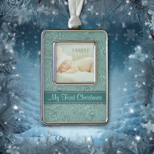 Swirl Aqua Baby Eerste Kerstmis Verzilverd Kader Ornament