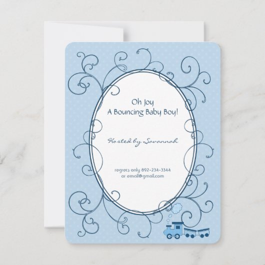 Swirl Baby Boy Blue Dot Train Douche Faire-part (Dos)