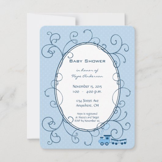 Swirl Baby Boy Blue Dot Train Douche Faire-part (Devant)