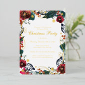 Swirl Bloemen Rood Goud Groen Kerstfeest Folie Uitnodiging (Staand Voorkant)