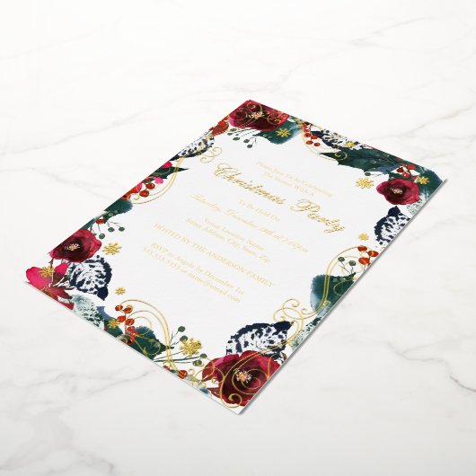 Swirl Bloemen Rood Goud Groen Kerstfeest Folie Uitnodiging (Gedraaid)