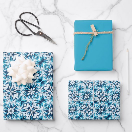 Swirl Floral Tegel Pattern – in het blauw Inpakpapier Vel (Voorkant)