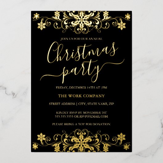Swirl Snowflake Black Corporate Christmas Party Folie Uitnodiging (Voorkant)
