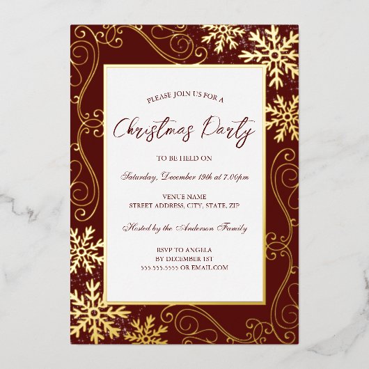Swirl Snowflake Lijst Rood Goud Kerstfeest Folie Uitnodiging (Voorkant)