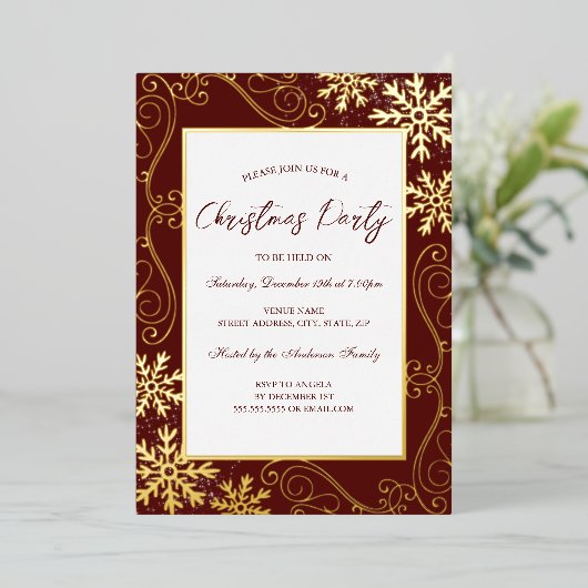 Swirl Snowflake Lijst Rood Goud Kerstfeest Folie Uitnodiging (Staand Voorkant)