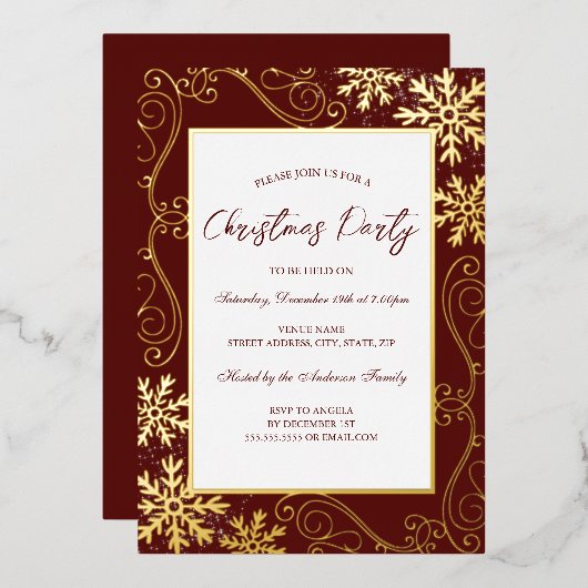 Swirl Snowflake Lijst Rood Goud Kerstfeest Folie Uitnodiging (Voorkant / Achterkant)