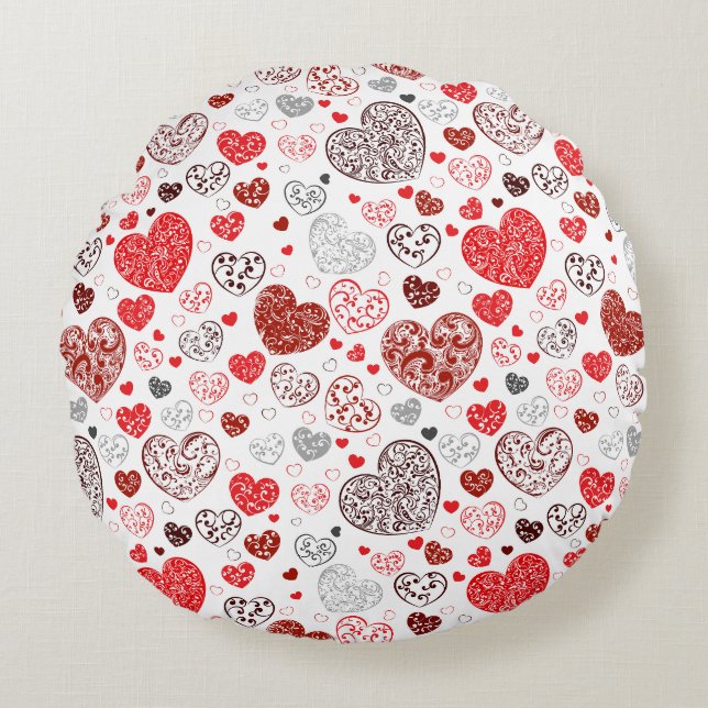 Swirling Red Decorative Heart Pattern Rond Kussen (Voorkant)