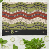 Swirls and Waves in rood, groen + crème (Monogram) Theedoek (Gevouwen)