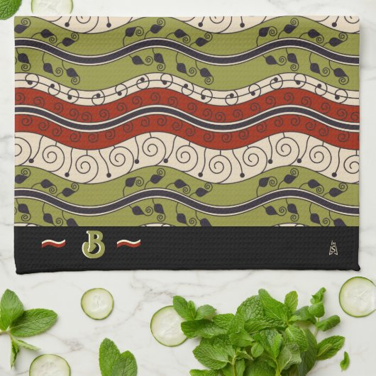 Swirls and Waves in rood, groen + crème (Monogram) Theedoek (Gevouwen)