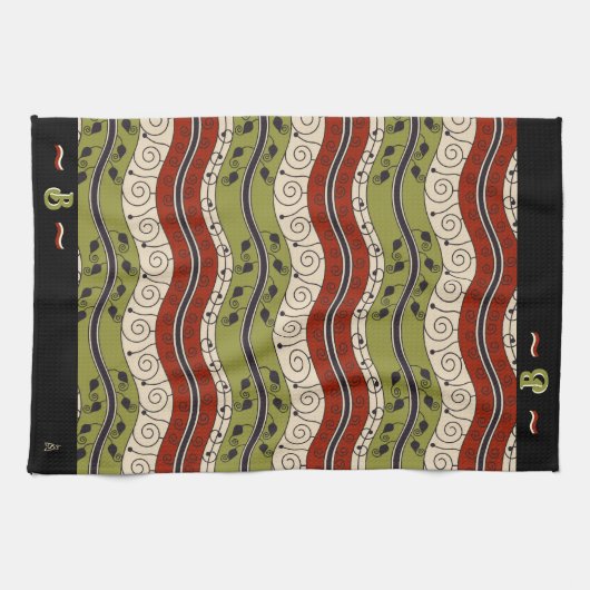 Swirls and Waves in rood, groen + crème (Monogram) Theedoek (Horizontaal)