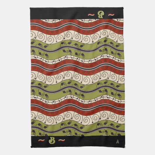 Swirls and Waves in rood, groen + crème (Monogram) Theedoek (Verticaal)