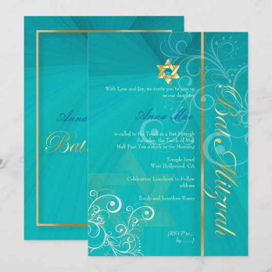 Swirls Bat Mitzvah/aqua blue/gold Kaart (Voorkant / Achterkant)