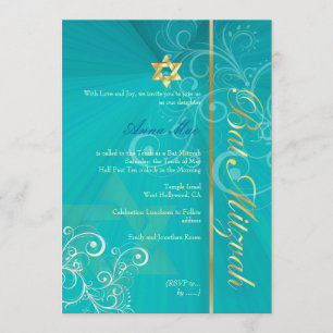 Swirls Bat Mitzvah/aqua blue/gold Kaart