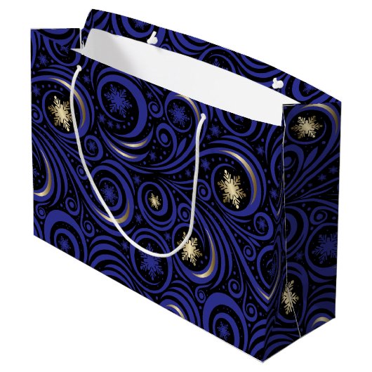 Swirls en sneeuwvlokken blauw en goud groot cadeauzakje (Achterkant Gekanteld)