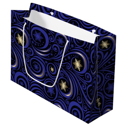 Swirls en sneeuwvlokken blauw en goud groot cadeauzakje (Voorkant Gekanteld)