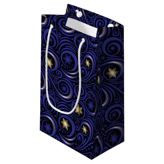 Swirls en sneeuwvlokken blauw en goud klein cadeauzakje (Voorkant Gekanteld)