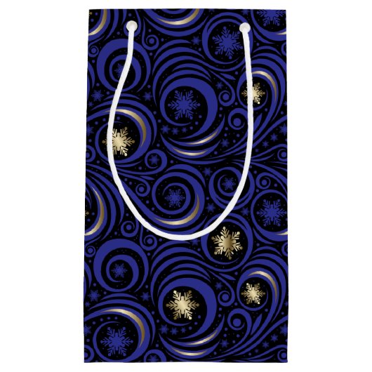 Swirls en sneeuwvlokken blauw en goud klein cadeauzakje (Voorkant)