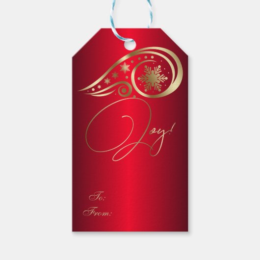Swirls en sneeuwvlokken rood en goud cadeaulabel (Voorkant)