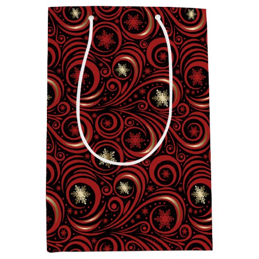 Swirls en sneeuwvlokken rood en goud medium cadeauzakje (Voorkant)