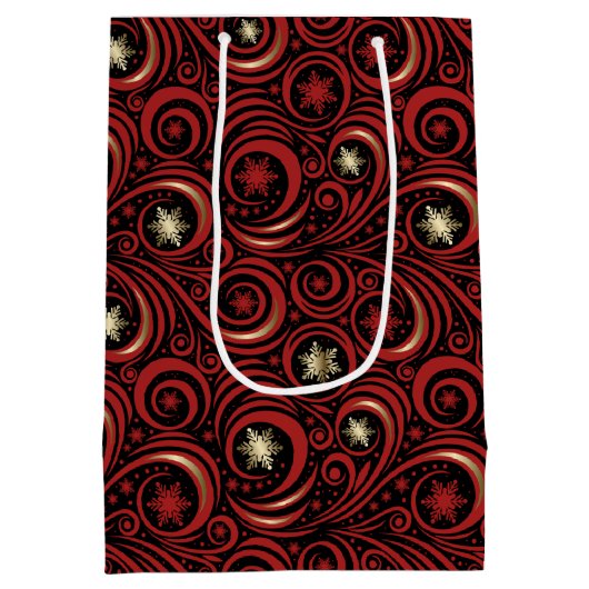 Swirls en sneeuwvlokken rood en goud medium cadeauzakje (Achterkant)