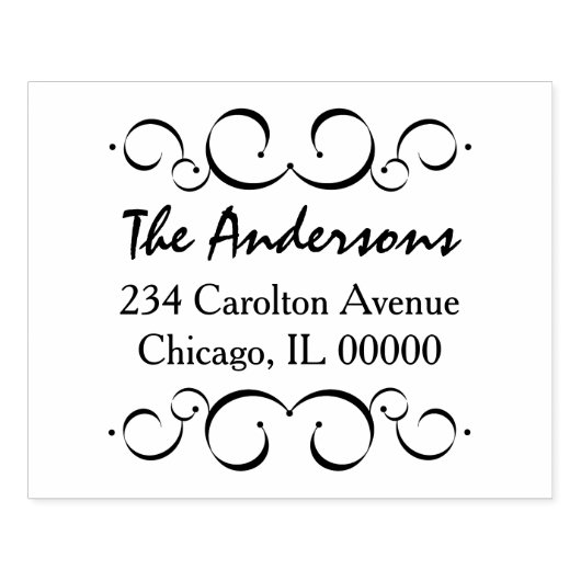 Swirls & Flourishes Script Familienaam & Adres Rubberstempel (Afrduk)
