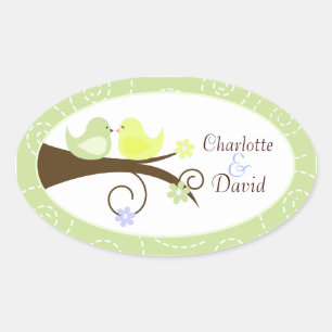 Swirly Bird (Groen) Bruiloft Ovaal Favor Sticker