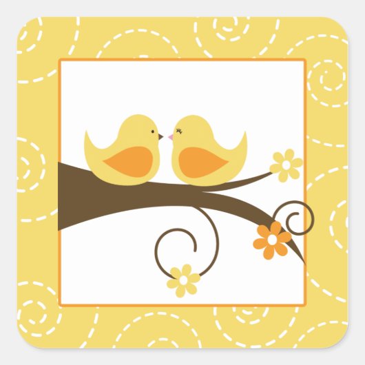 Swirly Bird Yellow Tortelduifjes bruiloft (20) Sti Vierkante Sticker (Voorkant)