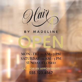 Swirly Black Text Scissors Hair Salon Open Hours Raamsticker