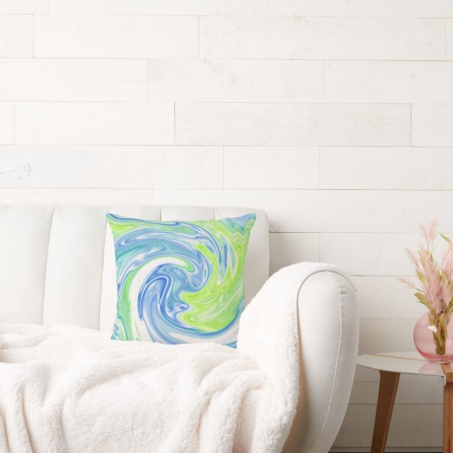 Swirly Blauw Groen en wit Zijde Abstract Kussen (Bank)