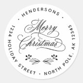 Swirly Merry Christmas Script Retouradres Ronde Sticker (Voorkant)