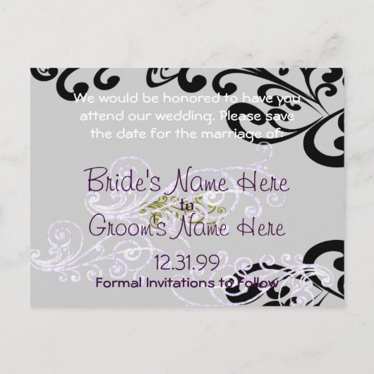 Swirly Paarse & Groen Save The Date Aankondigingskaart (Achterkant)