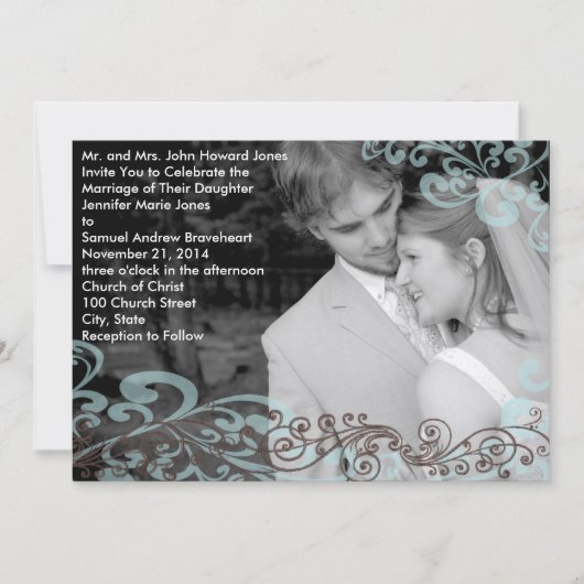 Swirly uw foto bruiloft uitnodiging blauw & bruin (Voorkant)