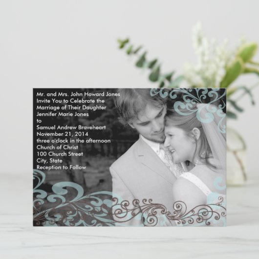 Swirly uw foto bruiloft uitnodiging blauw & bruin (Staand voorkant)
