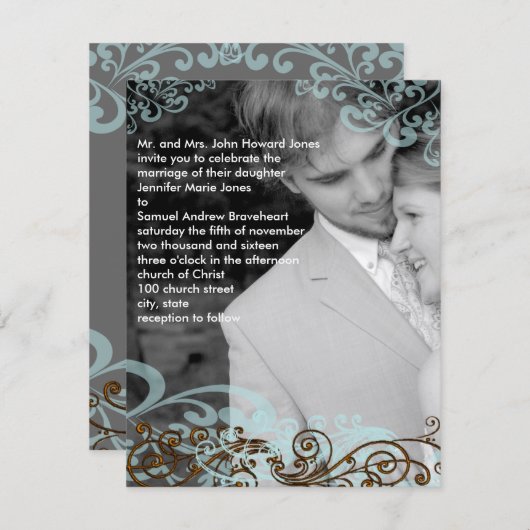 Swirly uw foto bruiloft uitnodiging blauw & bruin (Voorkant / Achterkant)