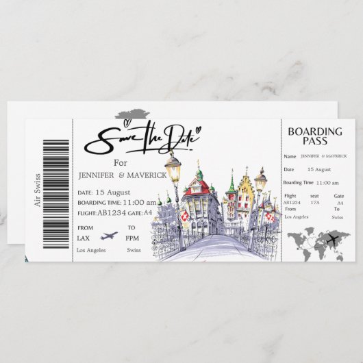 Swiss Boarding Pass Save the Date ticket Kaart (Voorkant / Achterkant)