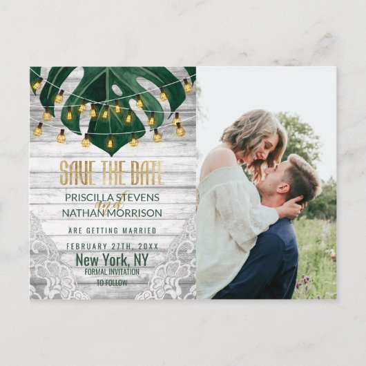 Swiss Cheese Leaf String Light Lace Gold Save Datu Briefkaart (Voorkant)