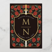Sword & Shield Medieval Fantasy Monogram Weddensch Folie Uitnodiging (Achterkant)
