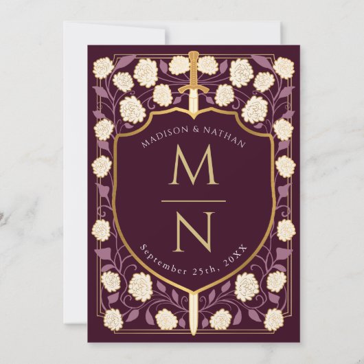 Sword & Shield Medieval Fantasy Monogram Weddensch Kaart (Achterkant)