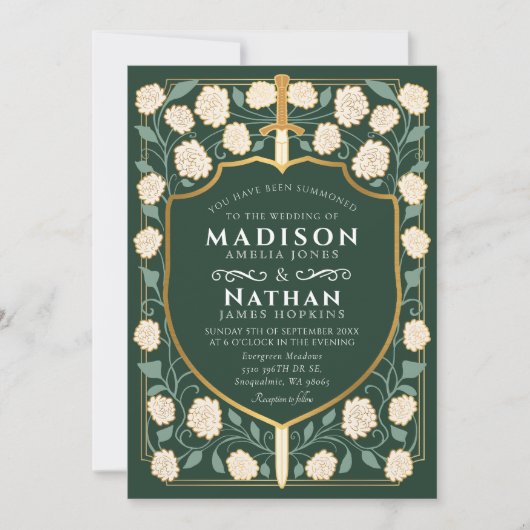 Sword & Shield Medieval Fantasy Monogram Weddensch Kaart (Voorkant)