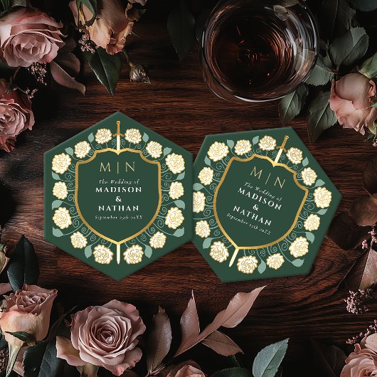 Sword & Shield Medieval Fantasy Monogram Weddensch Kartonnen Onderzetters