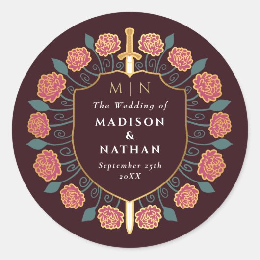 Sword & Shield Medieval Fantasy Monogram Weddensch Ronde Sticker (Voorkant)