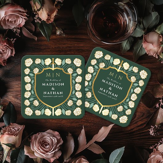 Sword & Shield Medieval Fantasy Monogram Weddensch Vierkante Kartonnen Onderzetter